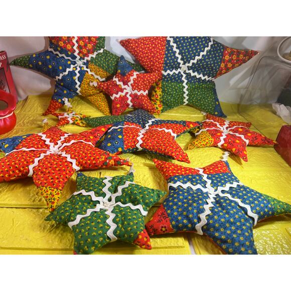 Vintage Christmas Hand Sewn Cloth Fabric Stuffed Star Ornaments Tree Set 11 - Picture 5 of 16